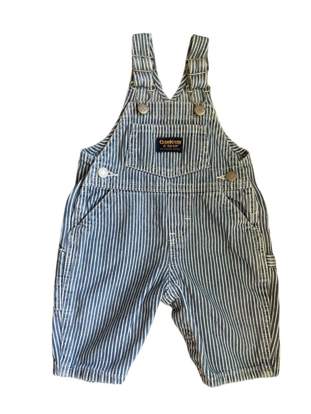 Vtg OshKosh B'Gosh Overalls Vestback Railroad Hickory Stripe Tide USA 0-3 Months